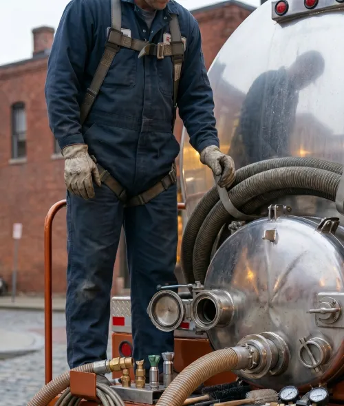 Grease trap technician operating vacuum pump equipment Toledo OH